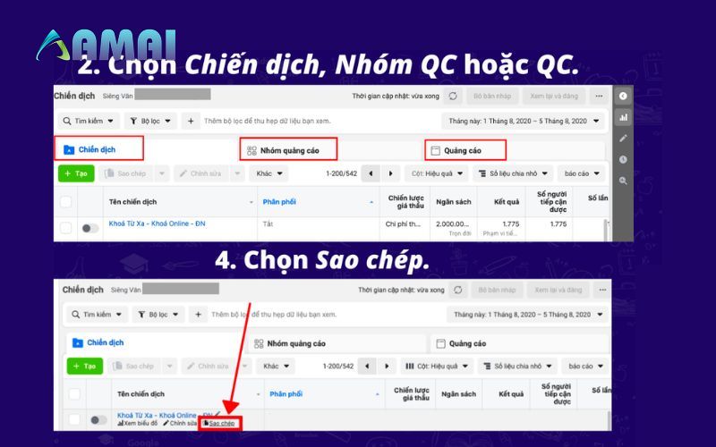 Chọn chiến dịch => Nhóm từ khoá và click sao chép