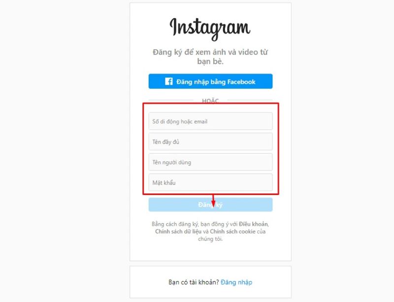 Điền các thông tin được yêu cầu vào ô - Tạo tài khoản Instagram 