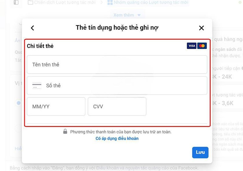 Điền đầy đủ thông tin của phương thức thanh toán bạn chọn