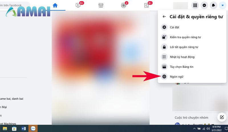 Nhấn vào mục ngôn ngữ