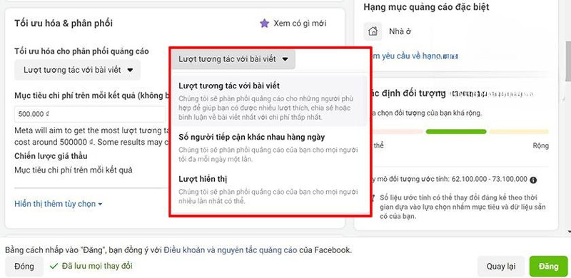 Tối ưu hóa cho phân phối quảng cáo rồi chọn “Mục tiêu chi phí trên mỗi kết quả”