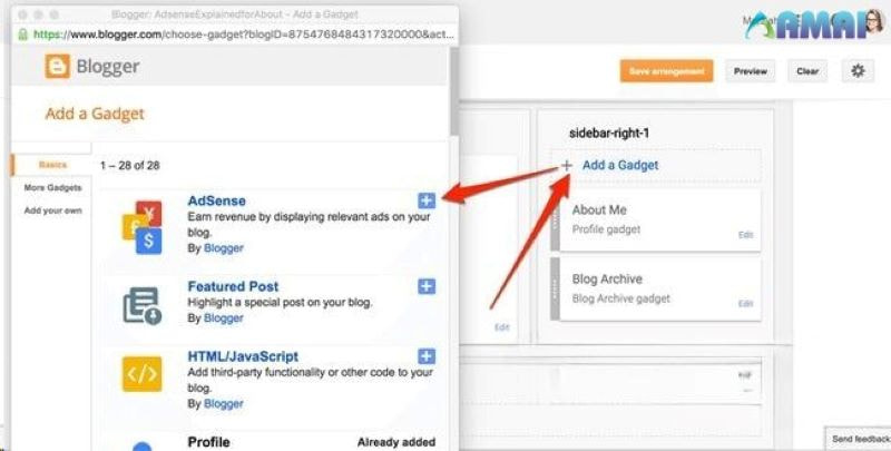 Chèn tiện ích Adsense - Cách đặt quảng cáo Google Adsense trên blogger 