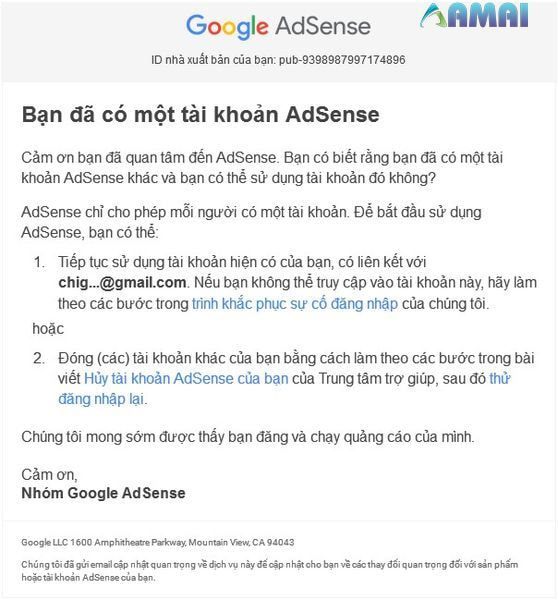 Thông báo từ Google khi tài khoản Adsense bị trùng 