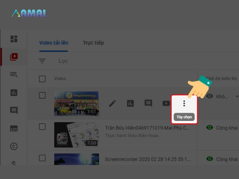 Chọn mục tùy chọn video cần đăng ký bản quyền Youtube