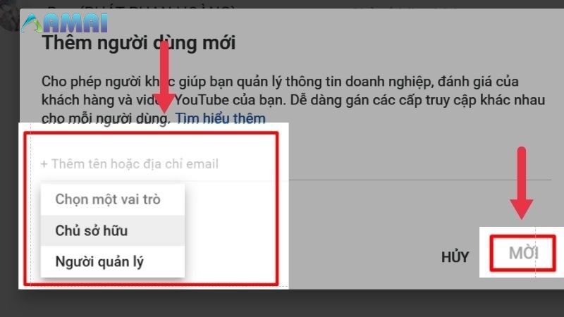 Nhập địa chỉ gmail và chọn mời để chuyển chủ sở hữu kênh YouTube